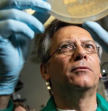 Man in lab wearing gloves